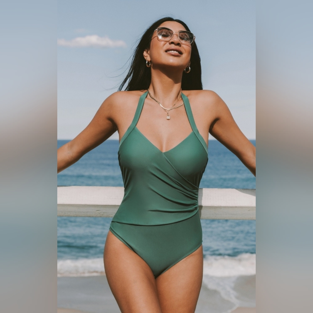 CUPSHE Tempest Ruched Sweetheart Halter Green One Piece Swimsuit XL